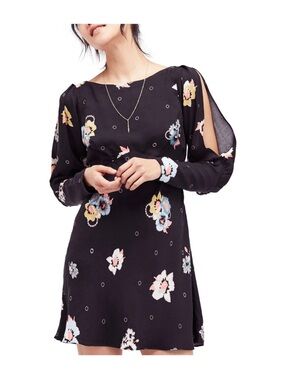 Free People Black Floral Split-Sleeve Mini Dress